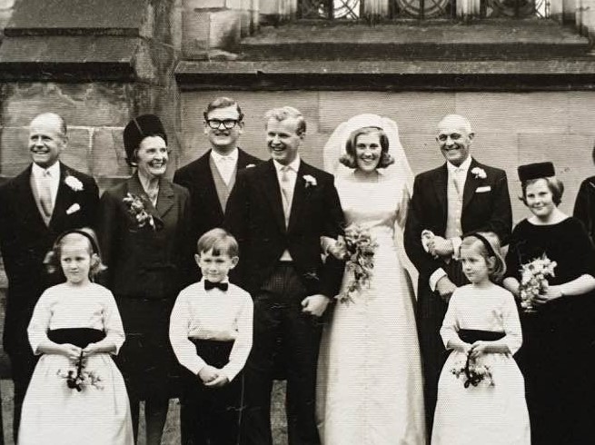 Terry Slater's wedding to Andrew Corn in 1964. Her sister Louise is far right,
	   Eric is between his two daughters and on the left are Margaret and Geoff Corn. 